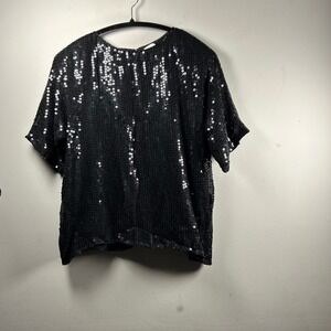 J.L.B. Sequin Top Womens Large Black 80s Silk Short Sleeve Evening Blouse event
